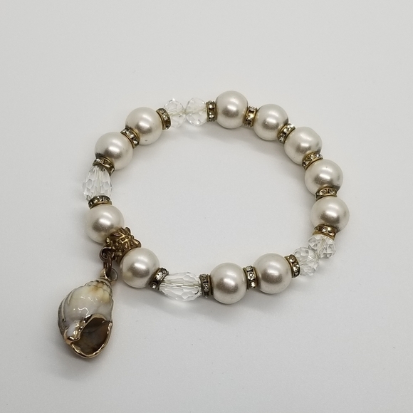 stretch bracelet faux pearl rhinestones shell - Picture 3 of 3